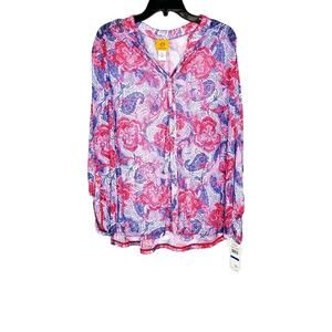 Ruby Rd Womens Purple Pink Floral Long Sleeve Button Up Sheer Blouse Shirt SZ XL
